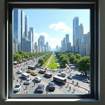 A panoramic view from a modern office window showcasing a bustling cityscape. The city is filled with tall skyscrapers made of glass and steel, reflecting sunlight. Below, a busy street is alive with cars, buses, and bicycles navigating through traffic. Groups of pedestrians are walking along the sidewalks, some stopping at storefronts that have vibrant displays. In the distance, a park is visible, offering a green contrast to the urban environment, populated by people enjoying the outdoors. The sky is blue with a few fluffy clouds, adding depth to the scene.