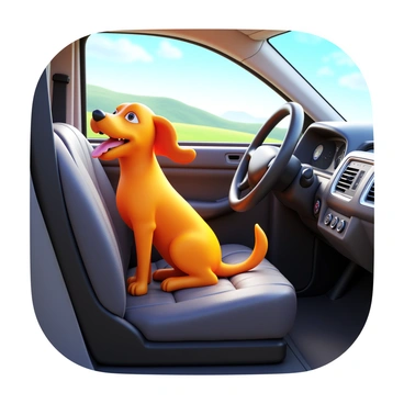 A car interior featuring a pet seat cover fitted over the back seat. The seat cover has a quilted pattern in dark gray color. A happy dog, a golden retriever, is sitting on the seat, with its head out the window. The dog's fur is shiny and well-groomed, and its ears are flapping in the wind. Sunlight streams through the window, highlighting the dog's joyful expression and glistening coat. The dashboard is modern with various controls visibly arranged. There is a scenic view outside the window, suggesting movement and adventure.