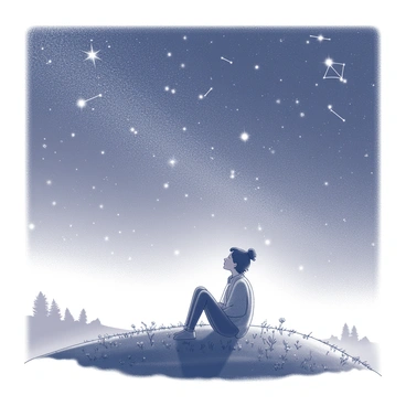 A person sitting on a grassy hilltop. They are positioned in a relaxed manner, with legs crossed and hands resting on their knees. The night sky is filled with countless stars, creating a stunning display overhead. Constellations are visible, illuminating the scene with a soft glow. The hilltop is gently sloped, covered in small patches of grass and wildflowers. The landscape in the foreground includes a few distant silhouettes of trees, adding depth to the scene. The overall composition captures a moment of stillness and tranquility.