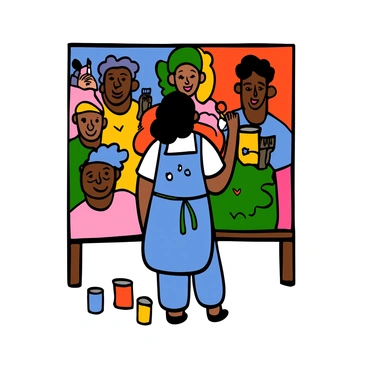 A woman with light skin and long dark hair stands in front of a large wall, painting a vibrant mural. She is wearing a blue apron over a white shirt, with paint splatters on it. The mural features powerful icons of women throughout history, illustrated in bold colors. The woman holds a paintbrush, her focus intense as she adds details to the artwork. Below her, a few paint cans in various bright colors are scattered on the ground. The scene conveys creativity and empowerment through art.