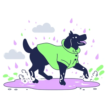 A black dog is wearing a raincoat and energetically splashing through puddles on a rainy day. The dog has its ears perked up and a joyful expression while water droplets fly around as it jumps. The ground is wet and reflects the surrounding environment. In the background, there are gray clouds, and small streams of water can be seen running along the pavement. The dog’s raincoat is detailed, with a hood and fastenings, highlighting its playful moment in the rain.