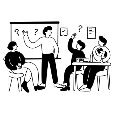 A teacher standing in front of a chalkboard, actively gesturing while discussing a topic with students seated at desks. The classroom features various educational posters on the walls. Some students are raising their hands to ask questions, while others are leaning forward, showing interest in the topic. A stack of books and a globe are placed on the teacher's desk.