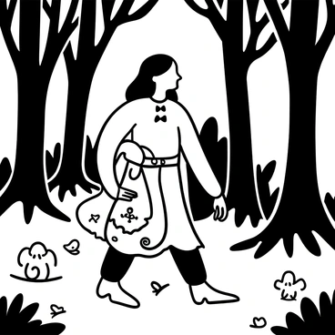 Baba Yaga is depicted walking through a dense forest, surrounded by tall, gnarled trees. She is wearing a long, tattered cloak that flows behind her. In one hand, she holds a large, intricately designed bag that seems to be glowing faintly with magical energy. The forest floor is covered in leaves and small mushrooms, creating a rich texture. In the background, there are shadows of mysterious creatures peeking from behind the trees, adding an air of mystery to her journey.