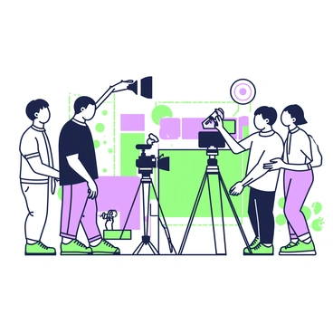 A film director is standing on a set, actively conducting a scene. The director has short hair and is wearing a black shirt and jeans. In front of them, multiple cameras are positioned at various angles, capturing the action. Surrounding the director, crew members are busy with their tasks. A sound technician is holding a boom microphone above the scene, while a lighting technician adjusts a light source to the side. In the background, several colorful props are arranged neatly, creating a vibrant atmosphere on set.