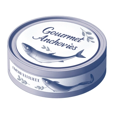 A round can featuring a detailed design for gourmet anchovies. The label displays "Gourmet Anchovies" prominently in elegant typography. Surrounding the text are illustrations of anchovies, showcasing them in a slightly curved formation to suggest movement. The background includes stylized waves or water motifs, enhancing the seafood theme. Decorative elements, such as small olive branches, adorn the edges, adding a touch of sophistication. The overall design conveys a sense of high quality and culinary excellence.
