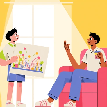 A child with short brown hair is standing in a brightly colored living room. The child is holding a large piece of paper featuring a drawing of a colorful theme park with roller coasters, ferris wheels, and balloons. The child is looking up earnestly at a parent sitting on a couch, smiling and raising their eyebrows in curiosity. The parent is holding a coffee cup, appearing intrigued by the drawing. Sunlight is streaming through a window, illuminating the scene and creating a warm atmosphere.