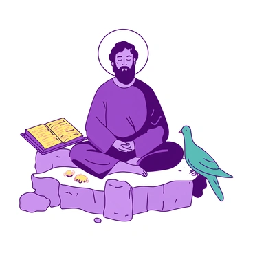 A purple saint in meditation sits cross-legged on a simple, white stone platform. The saint has a calm expression, with closed eyes and a gentle smile. Surrounding the saint are various symbols representing their life and virtues. To the left, there is a glowing yellow book that symbolizes wisdom, open to a page filled with intricate designs. To the right, a teal dove perches peacefully, representing peace and purity. Behind the saint, a faint halo of white light encircles their head, accentuating their spiritual presence. The background consists of soft, muted colors that enhance the focus on the saint and the surrounding symbols.
