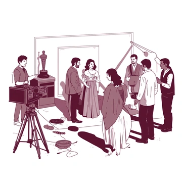 A film crew is set up outdoors, with a camera focused on a group of actors performing a dramatic scene. The crew members are adjusting lights and monitoring sound equipment. In the background, an Oscar trophy stands tall on a small pedestal, gleaming under the sunlight. The actors are dressed in period costumes, displaying intense emotions as they interact with one another. The scene captures the essence of filmmaking, with equipment scattered around, including microphones and cables.