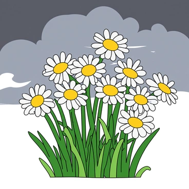 A cluster of vibrant white daisies with bright yellow centers swaying and bending under the pressure of a strong wind. The petals appear to flutter as if dancing, creating a lively scene. The background reveals a stormy sky filled with dark gray clouds, hinting at the intensity of the weather. Some blades of grass are also bent by the wind, adding to the dynamic movement of the scene. The overall composition captures the contrast between the delicate flowers and the powerful forces of nature surrounding them.