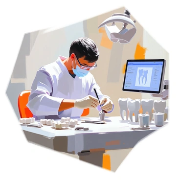 A dental technician with medium skin tone and short black hair is focused on meticulously crafting a custom dental implant in a well-lit lab. The technician is wearing a white lab coat, safety glasses, and gloves while working at a workstation filled with specialized tools and equipment. On the table, there are various dental models and a digital display showing the specifications for the implant. The technician is using precision instruments to shape the implant with great attention to detail, surrounded by a clean and organized workspace.