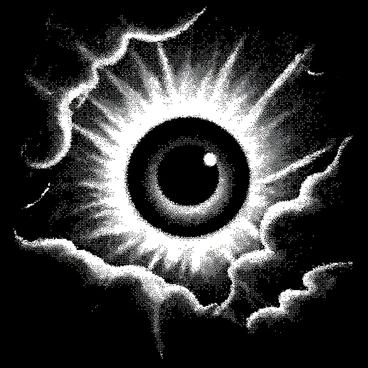 "The Eye of Sauron" is depicted as a large, fiery eye at the center of a dark and turbulent sky, surrounded by ominous storm clouds. The eye is intensely focused, with a piercing gaze directed downward. Occasionally, streaks of lightning illuminate the scene, highlighting the intensity of the eye's expression. The swirling clouds convey a sense of chaos and foreboding, while the contrast between the bright eye and the dark background emphasizes its menacing presence.