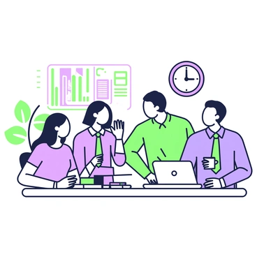 A team of four colleagues is gathered around a modern office desk, engaged in a brainstorming session for a corporate quiz. One colleague, a woman with long hair, is taking notes on a notepad, while another, a man in a blue shirt, is pointing at a laptop screen displaying a quiz interface. A third colleague, a woman with glasses, is holding a coffee cup, looking thoughtfully at a set of index cards scattered on the desk. The fourth team member, a man wearing a shirt and tie, is leaning forward, contributing ideas. In the background, there are shelves filled with books and a plant in the corner. A wall clock is visible, indicating the time as they work diligently.