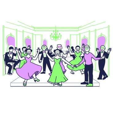 A grand ballroom is filled with elegantly dressed people wearing "joker-themed masks." The masks are colorful and feature exaggerated smiles and playful designs. The guests are dancing in pairs, creating a lively atmosphere. Chandeliers hang from the ceiling, casting a warm light over the scene. Along the walls, there are large ornate mirrors reflecting the vibrant movement of the dancers. Some individuals are raising their arms, while others are twirling, showcasing their elaborate costumes. A string quartet is positioned in one corner, providing a lively soundtrack to the festivities.