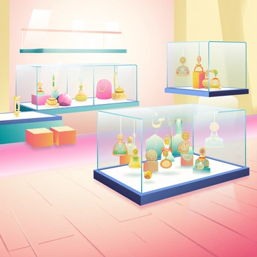 An elegant jewelry store displaying exclusive jhumka designs in glass cases.