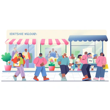 A high-end shopping area features a row of luxurious designer stores with elegant glass storefronts. Each store displays fashionable clothing and accessories in the windows, showcasing vibrant colors and sophisticated styles. Shoppers with stylish outfits stroll along the wide, paved walkway, carrying branded shopping bags. Potted plants with bright flowers line the pathway, adding a touch of greenery. Above, large, decorative awnings provide shade and add to the upscale atmosphere. A group of well-dressed people is gathered around a chic outdoor café, enjoying fine beverages and pastries.