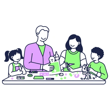 A family of four is sitting around a large rectangular table, focused on arts and crafts. The father, with short hair, is cutting colorful paper with scissors while smiling. The mother, with long hair, is demonstrating how to glue decorations onto a piece of cardstock in front of her. One child, a girl with pigtails, is painting a wooden figure, her brush poised above vibrant colors laid out on the table. The other child, a boy with curly hair, is busy assembling a collage using various materials. Scattered around the table are markers, glitter, and rolls of tape, creating a lively atmosphere of creativity.
