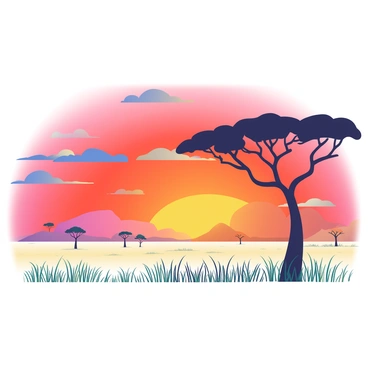 A vast savannah landscape is stretching into the distance, dominated by silhouettes of acacia trees scattered throughout the scene. The sky is ablaze with rich hues of orange, red, and purple, showcasing a fiery sunset that creates a stunning backdrop. The ground is painted with dry grasses, gently swaying in a light breeze. In the foreground, the outline of a large acacia tree stands prominently, its branches extending outward against the vibrant sky. The atmosphere is calm, inviting viewers to imagine the warmth of the setting sun.