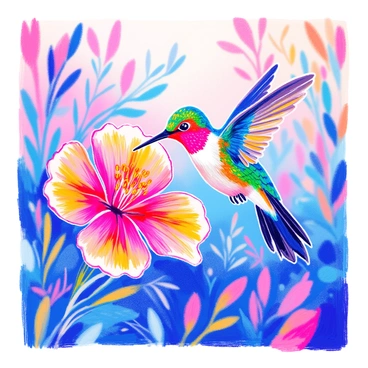 A ruby-throated hummingbird is hovering in mid-air, its iridescent green feathers glistening in the light. The hummingbird has a vibrant ruby-red throat, which contrasts beautifully with its bright plumage. It is sipping nectar from a large, colorful flower. The flower has a wide-open corolla with petals in shades of pink and orange, providing a striking backdrop. Delicate green leaves surround the flower, and in the background, there are hints of a blurred garden setting filled with various plants.