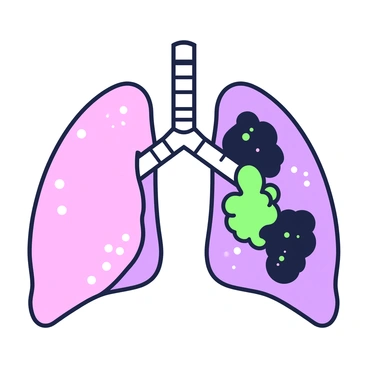 An anatomical cross-section of two lungs displayed side by side for comparison. On the left, the healthy lung shows clear, pinkish tissue with visible air sacs and smooth contours. The bronchi are open and unobstructed, and the surrounding structures are intact. On the right, the tuberculosis-affected lung presents darker areas indicating infection, with irregular nodules and a more textured surface. The bronchi are constricted, and there are visible patches of inflammation. The background is neutral to emphasize the details of both lungs.