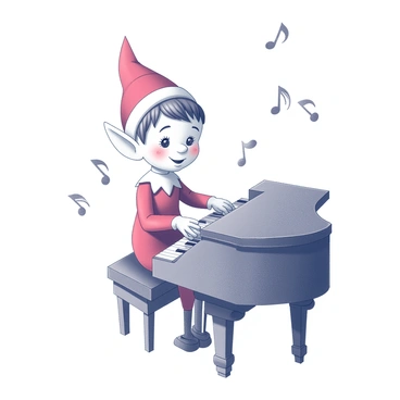 A small elf figure seated at a miniature piano. The elf has pointed ears and a cheerful expression, wearing a bright red outfit with white trim. The tiny piano displays intricate details, including small keys and decorative elements. The elf’s hands are positioned over the keys, as if playing a lively melody. Surrounding the scene, musical notes are illustrated in the air, suggesting cheerful music flowing from the piano.
