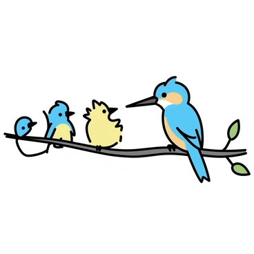A family of kingfishers is perched on a slender branch. The adult kingfisher, with vibrant blue and orange plumage, is positioned prominently in the center, feeding a small chick. The chick, sporting fluffy feathers in soft tones of yellow and light blue, is eagerly leaning forward to receive a small fish from the adult's beak. Two other chicks, slightly smaller, are sitting on either side of the parent, their eyes wide with anticipation. The branch is thin and textured, adorned with a few small green leaves, adding to the natural setting of this intimate family moment.