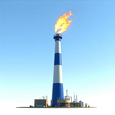 A natural gas flare stack rises prominently against a clear blue sky. The stack is metallic and tall, with vibrant blue and silver tones. Bright flames burst from the top, emitting intense orange and yellow colors, creating a stark contrast against the clear sky. The flames flicker and dance, sending sparks into the air. Surrounding the flare stack, there are hints of industrial structures and a flat landscape under the bright sun.