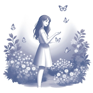 A girl standing in a garden filled with various flowers. She has long hair that flows gently in the breeze. Butterflies of different sizes and shapes flutter around her, with some landing softly on her outstretched hands. The garden is lush, with dense greenery forming a vibrant backdrop. The sunlight filters through the leaves, creating a dappled light effect on the ground. The girl wears a simple, flowing dress that adds to the peaceful atmosphere of the scene.