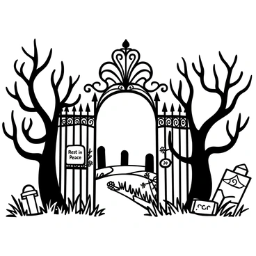 An ornate wrought-iron gate with intricate patterns and designs stands tall, marking the entrance to an old cemetery. The gate is slightly ajar, revealing a path lined with weathered tombstones. Surrounding the gate, there are twisted trees with gnarled branches reaching out, adding to the atmosphere of the scene. Overgrown grass and creeping vines can be seen at the base of the gate, enhancing the sense of age and history. The words "Rest in Peace" are inscribed on a stone plaque attached to the gate, partially obscured by foliage.