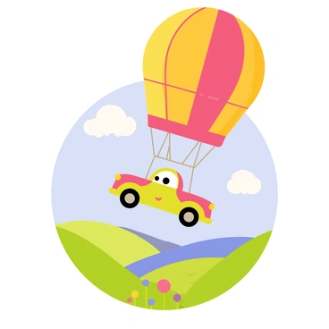 A 3D cartoon car with big, smiling eyes and colorful paint is suspended in a large, round hot air balloon with a bright red and yellow checkered pattern. The car dangles from the balloon by a rope, looking cheerful as it floats in the sky. Below, a picturesque landscape unfolds, featuring rolling green hills, a sparkling blue river, and a cluster of vibrant flowers scattered across the land. In the distance, a few fluffy white clouds drift lazily across the blue sky, adding to the cheerful atmosphere of the scene.