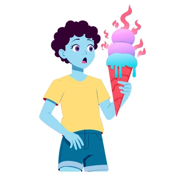 A surprised child with curly brown hair and wide eyes is holding a melting ice cream cone. The ice cream is dripping down the cone and is surrounded by small flames, creating a striking contrast between the cool, colorful ice cream and the fiery edges. The child is wearing a bright yellow t-shirt and denim shorts. The scene captures the child’s astonished expression as they gaze at the unusual sight of the flaming ice cream cone.