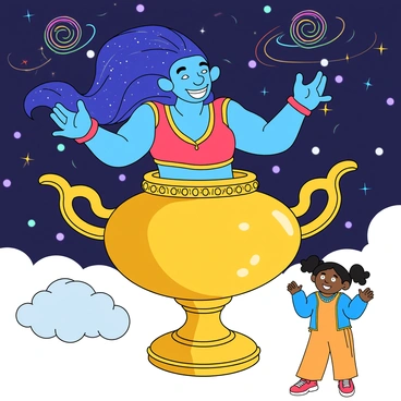 A friendly genie with bright blue skin and a large, welcoming smile is emerging from a shiny golden lamp. The genie has long, flowing hair that sparkles with tiny stars, and he is wearing a colorful vest and harem pants. The lamp is adorned with intricate designs and sits atop a fluffy cloud. Surrounding the genie is a magical setting filled with swirling colorful smoke and twinkling lights. A young child with wide eyes and a look of wonder is standing nearby, reaching out with both hands as if making a wish. The background includes a starry night sky filled with swirling galaxies and glowing orbs.