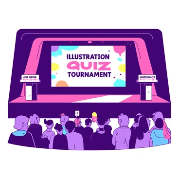 A large stage is set for an illustration quiz tournament. The stage features two podiums, one on the left and one on the right, both adorned with "Quiz Master" and "Contestant" signs in bold lettering. In the center, there is a large screen displaying the title "Illustration Quiz Tournament" with vibrant graphics. Colorful lights illuminate the stage, creating an energetic atmosphere. The audience can be seen in the background, eagerly waiting for the event to start, with various expressions of excitement and anticipation.