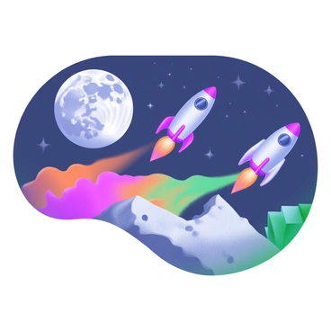 A modern pastel illustration depicting multiple rockets in various colors racing across the surface of the moon. The rockets are sleek with streamlined designs, creating trails of bright, colorful exhaust. As they speed along, they kick up clouds of fine lunar dust, which is illuminated by the soft light of the distant sun. The moon's gray surface is textured with craters and rocks, providing a contrasting backdrop to the vibrant rockets. The sky above is a deep navy blue, speckled with stars.