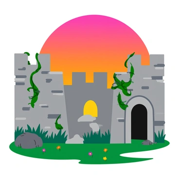 An ancient castle ruin with crumbling stone walls. Vines are creeping up the weathered surfaces, intertwining around the archways and battlements. The sky above is filled with vibrant shades of orange and pink as the sun sets on the horizon. The warm glow of the sunset highlights the textures of the stones and creates long shadows across the ground. Some scattered wildflowers can be seen in the foreground, adding a touch of color to the scene.