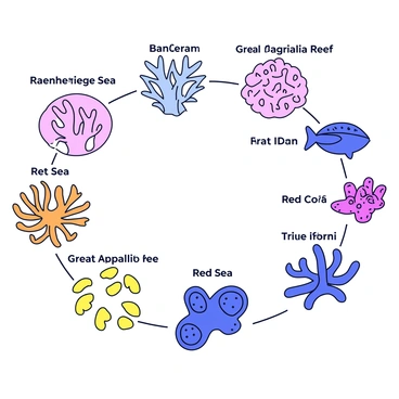 An infographic-style illustration showcasing various coral species. Each section of the infographic is divided by clear lines, presenting different regions such as the Caribbean Sea, Great Barrier Reef, and Red Sea. Each region features unique coral species with distinct colors and shapes, such as branching corals, plate corals, and brain corals. Labels with names of the coral species are neatly placed next to each illustration. The background is a light color to enhance the visibility of the coral illustrations.