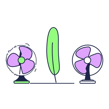 A feather is suspended in mid-air, delicately balanced between two blowing fans. The feather is slender and elongated, with fine barbs visible along its shaft. Each fan is positioned on opposite sides, with blades visibly spinning and creating a visible airflow. The fans are mounted on a base, and their design is sleek with simple shapes. The setting is minimal, allowing the feather and fans to be the central focus of the composition. The feather appears to dance gently in response to the airflow generated by the fans, creating a dynamic visual interaction.