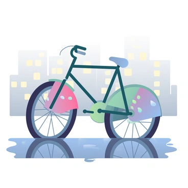 An urban bicycle with a sleek frame is positioned prominently in the foreground. The bicycle features stylish fenders that have a glossy finish, reflecting light. Raindrops are splattered across the fenders, highlighting the bicycle's recent exposure to rain. The tires of the bicycle are partially submerged in shallow puddles, which mirror the urban environment around it. In the background, blurred silhouettes of city buildings and a gray sky suggest a rainy day atmosphere. The pavement beneath the bicycle is dark and shiny from the moisture, creating a cohesive urban scene.