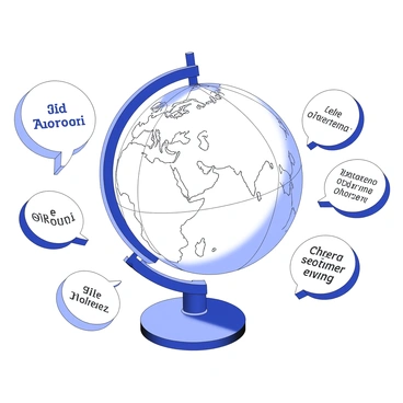 A globe is placed on a wooden table surface, showcasing continents with detailed topographical features. Surrounding the globe are multiple speech bubbles, each containing text in different languages. The speech bubbles vary in size and shape, with some appearing larger than others. Each bubble is oriented towards the globe, giving the impression of conversation. The globe itself is embellished with grid lines and latitude markings, enhancing its realistic appearance.