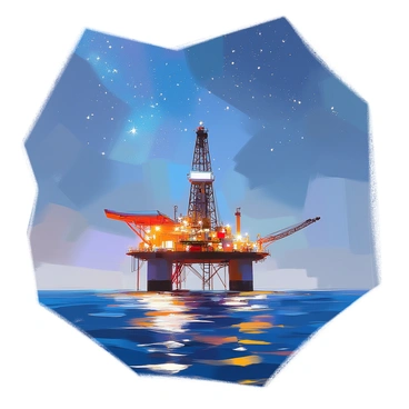 A clear starry night sky filled with countless bright stars twinkling against a deep blue background. Below, a quiet oil rig stands prominently in the ocean, its structure illuminated by soft lights. The sea around the rig reflects the starlight, creating a shimmering effect on the water's surface. The oil rig features tall structures with various equipment and a helipad, surrounded by gentle waves lapping against its base. The serene atmosphere emphasizes the contrast between the vastness of the sky and the industrial presence of the rig.