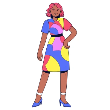 A model stands confidently, wearing a dress adorned with striking graphic patterns that feature bold geometric shapes. The dress is designed with vibrant colors such as bright reds, deep blues, and sunny yellows, creating a lively contrast. The model's hair is styled in loose waves, complementing the energetic look. She poses against a simple backdrop, allowing the focus to remain on the intricate details of the dress.