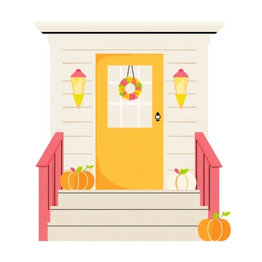 A charming porch with a wooden railing and steps leading up to the entrance of a cozy house. The porch is adorned with colorful autumn wreaths hanging on the door and on either side of the entrance. There are several small orange and white pumpkins placed on the steps and around the porch, creating a festive atmosphere. Two glowing lanterns are positioned on either side of the door, illuminating the space with a warm light. The floor of the porch is covered with a light brown wooden texture, adding to the inviting feel of the scene.
