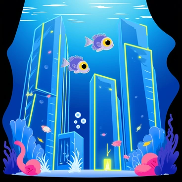 A futuristic city located underwater with tall, sleek buildings made of transparent materials. These structures feature illuminated lines of blue and green light, creating a vibrant glow in the depths of the ocean. Anglerfish with bioluminescent lures swim gracefully above the city, their large eyes reflecting the city lights. Schools of small, colorful fish dart between the buildings, adding to the lively atmosphere. Bubbles rise from various vents along the ocean floor, contributing to the dynamic scene.