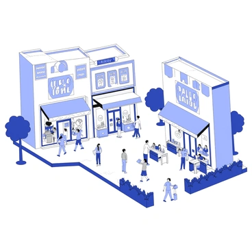 A bustling shopping district filled with various storefronts displaying different merchandise. Each storefront has distinct signage, showcasing items for sale. Busy shoppers are seen walking along the sidewalk, some carrying shopping bags. There are several trees lining the street, providing a sense of liveliness to the scene. People are engaged in conversation, and there are a few outdoor seating areas with patrons enjoying refreshments. Various awnings extend over the sidewalks, creating shaded areas for pedestrians. The overall atmosphere is vibrant and active.