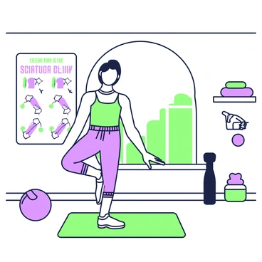 A physiotherapist is demonstrating an exercise in a modern therapy room designed for physical rehabilitation. The physiotherapist has medium-length hair tied back and is wearing comfortable athletic clothing. They are positioned on a green exercise mat, stretching one leg while keeping the other bent. A large window in the background allows natural light to illuminate the room, and various therapy equipment, such as resistance bands and a stability ball, is neatly arranged along the walls. On one side of the room, a poster detailing exercises for sciatica relief is visible, with clear illustrations.