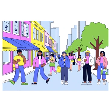 A bustling city street lined with colorful storefronts featuring bright awnings and well-displayed merchandise. People are walking along the sidewalk, carrying shopping bags in various colors and patterns. Some individuals are chatting with each other, while others are focused on their phones. Trees are planted along the street, providing patches of green amidst the urban landscape. The atmosphere is lively with a variety of activities happening.