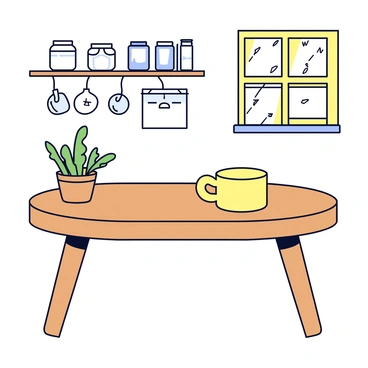 A rustic kitchen setting featuring a wooden table with a natural finish. On the table, there is a ceramic coffee cup with a glossy cream color. The background includes wooden shelves holding various jars and utensils, adding to the homely atmosphere. Natural light streams in from a nearby window, illuminating the scene. A small potted herb plant sits beside the coffee cup, enhancing the cozy feel of the kitchen.