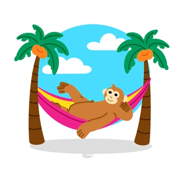 A relaxed gibbon with light brown fur is lounging in a colorful hammock made of woven fabric. The hammock is suspended between two tall, green palm trees with slightly swaying fronds. The gibbon is hanging comfortably, with its arms draped over the sides, and a content expression on its face. The sun is shining brightly, creating vibrant shadows on the ground beneath the hammock. The background features a clear blue sky dotted with a few fluffy white clouds.