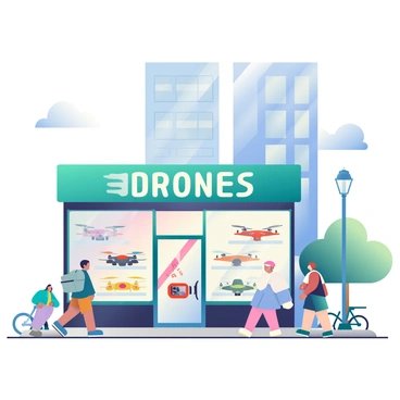 A sleek drone store with large glass windows is situated on a bustling urban street. The glass windows showcase various drones, including quadcopters and racing drones in vibrant colors. Inside the store, bright LED lights highlight the drones, making their features stand out. People are walking on the sidewalk, some stopping to admire the drones displayed. A tall building with a modern architectural design is visible in the background, along with a clear blue sky above. A few bicycles are parked nearby, and a streetlamp stands on the corner, adding to the urban atmosphere.