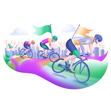 A dynamic scene depicting several bicyclists speeding down a vibrant racecourse. Each cyclist is dressed in colorful racing gear, with helmets securely fastened. The bicycles are sleek and lightweight, capturing the intensity of the competition. In the background, a cheering crowd waves colorful banners and flags, with expressions of excitement and encouragement. The setting is filled with bright colors and lively energy, highlighting the thrill of the race.