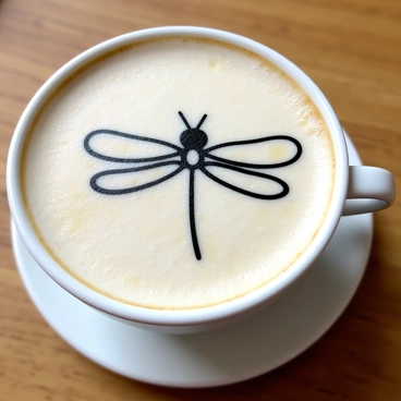 A delicate dragonfly, composed of intricate lines and shapes, is formed in the frothy top of a latte. The latte is in a simple white cup, resting on a wooden surface. The froth is light and airy, with subtle patterns that mimic the wings of the dragonfly. The background is unobtrusive, allowing focus on the latte and the dragonfly design.